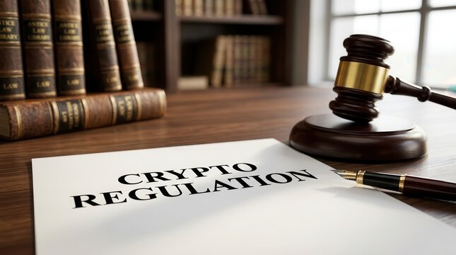 Crypto regulation document on a desk with a wooden gavel and law books.