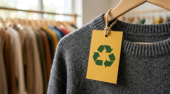 Stylish organic clothing made from sustainable recyclable material with a recycle tag in a retail shop.