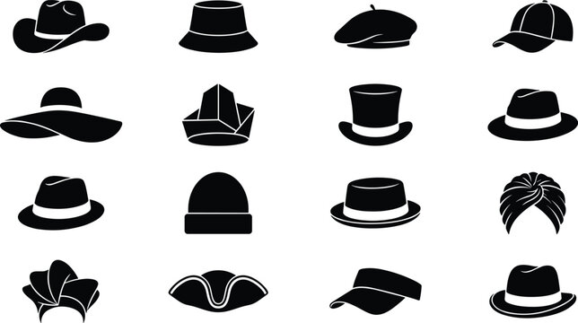 Set of black silhouette hat featuring cowboy hat, bucket hat, beret, baseball cap, sun hat, military cap, hat, fedora, beanie, turban, and visor on a white background
