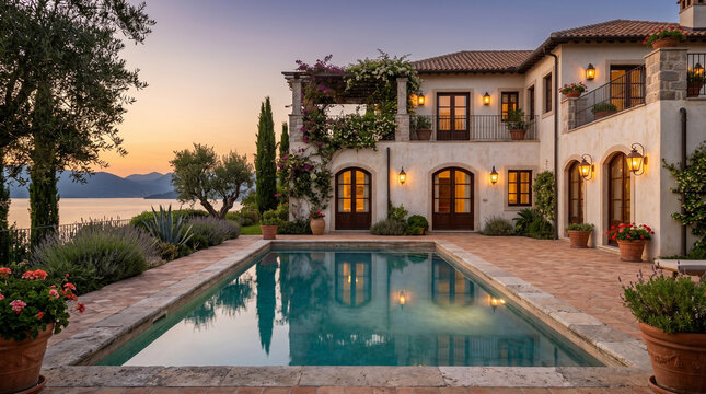 Luxury Mediterranean villa with swimming pool at sunset overlooking the sea.