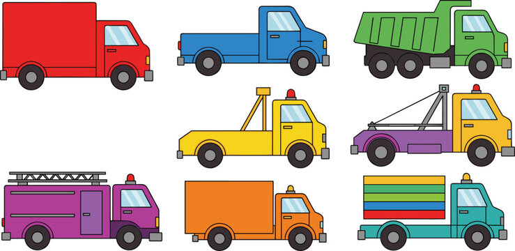 Colorful Truck and Vehicle Icon Set with Delivery Van, Pickup, Dump Truck, Fire Engine, Tow Truck, and Cargo Truck for Transport and Logistics Designs