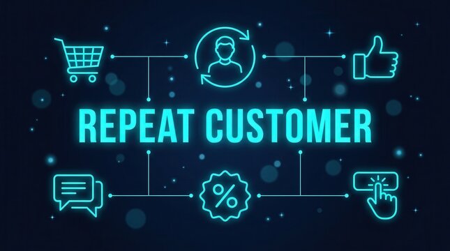 Digital shopping icons illustrate a repeat customer loyalty retention marketing strategy for consumer engagement.