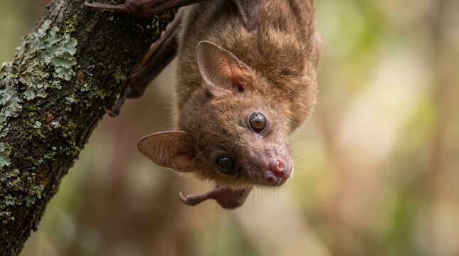 Close up of a bat hanging from a tree branch during the daytime.