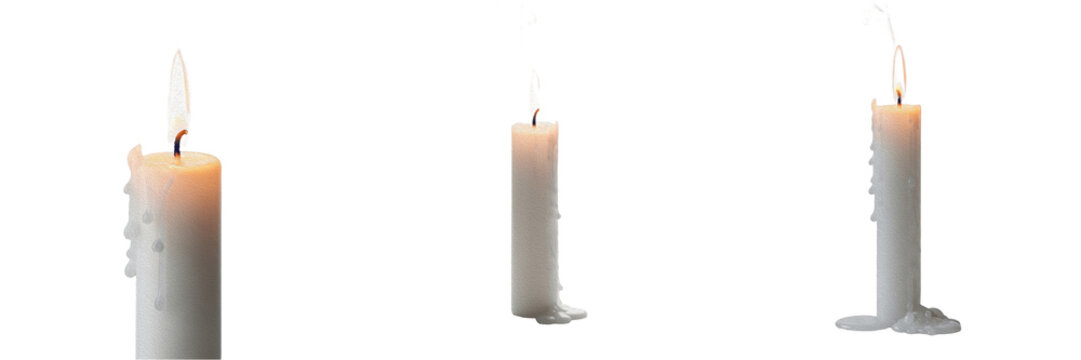 Set of Realistic Burning White Candles Isolated on White Background - Dripping Wax, Flame Clipart PNG for Romantic, Spiritual and Holiday Decor Designs
