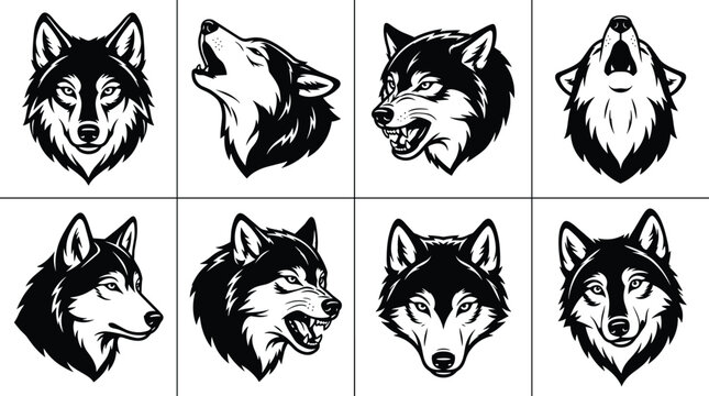 Collection of eight stylized wolf head in black and white style showing different expressions and angles for or emblem use
