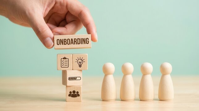 New employee onboarding process concept with wooden blocks and figurines.