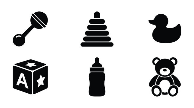 Baby toys collection in black silhouette