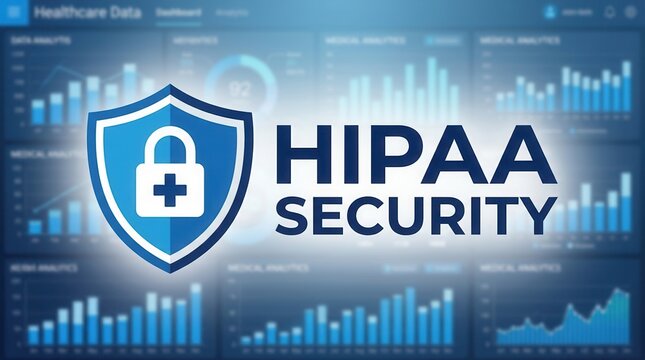 HIPAA security banner featuring a shield, padlock, and medical cross icon over a blurred healthcare data dashboard.