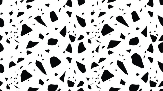 Seamless pattern of scattered black geometric stone fragments on a white background