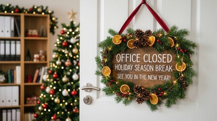 Obraz premium Wooden sign saying Office Closed for holiday season break decorated with pine branches and ornaments.