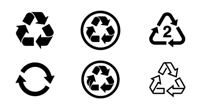 Recycling Symbols Collection: Universal Arrows, Plastic Resin Codes, Circular Motion Icons