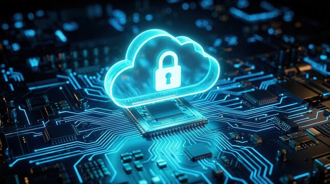 A glowing cloud with a padlock hovers over an intricate digital circuit board for data sovereignty.