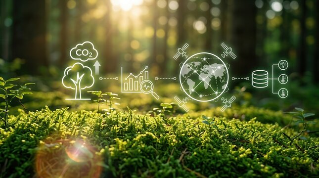 Digital icons for transparent carbon management and CO2 tracking on a green forest background.