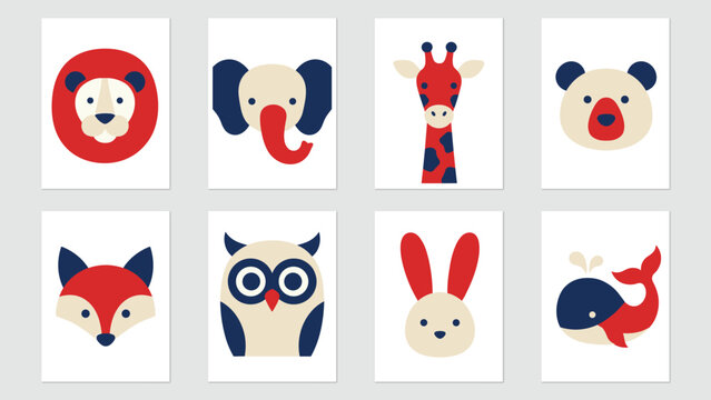 Set of eight minimalist animal face featuring a lion elephant giraffe bear fox owl rabbit and whale in red blue and cream colors on a white background