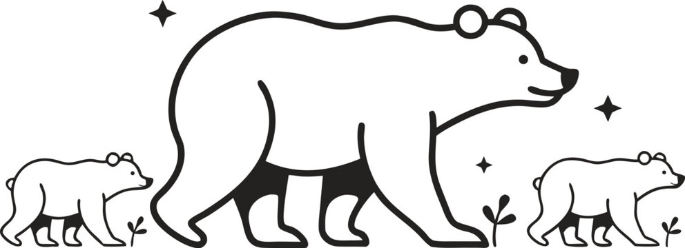 Black and white illustration of a mother bear and her two cubs walking together fathers day