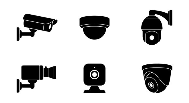 Security Camera Icons, Surveillance Systems, CCTV Vector Set, Monitoring Technology
