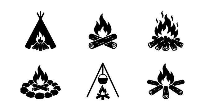 Campfire Icons Set: Bonfire, Teepee, Cooking Pot, Outdoor Fireplace, Camping Flames