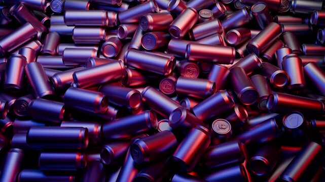 Large amount of colored metal tins, cans and jars for recycling. Aluminum metal food and drink sorted scraps