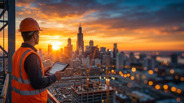 Civil engineer or architect in hard hat using digital tablet at construction site during sunset.