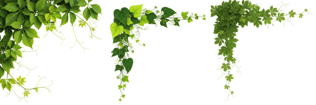 Set of Green Hanging Ivy Vines Isolated on White Background - Lush Botanical Corner Borders, Climbing Plants PNG Clipart for Nature and Garden Design Projects