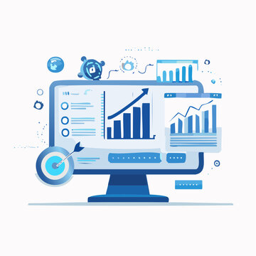 Digital analytics and business intelligence concept with flowing data visualizations on a monitor, showcasing growth and performance in a minimalist style