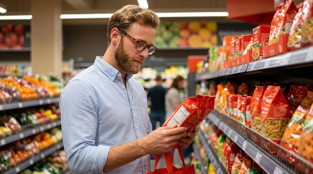 Conscious consumer checking food ingredients and nutritional values during economic inflation in grocery retail