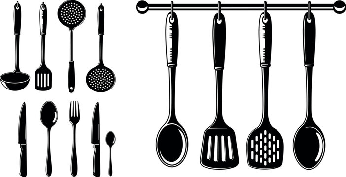 Hanging Kitchen Utensils and Cutlery Silhouette Vector Collection featuring Spatula, Ladle, Spoon, Fork, and Knife Elements for Cooking and Culinary Design Layouts