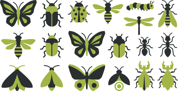 A collection of stylized green and black insect icons arranged in a neat grid pattern layout.