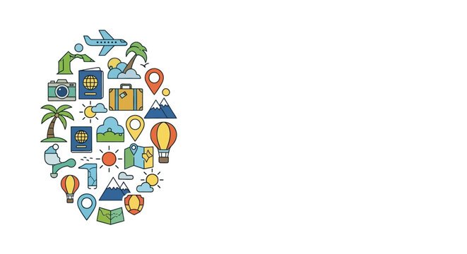 Colorful travel icons arranged in an oval shape on white background.
