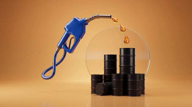 Industrial oil barrels under glass dome with fuel nozzle, crude oil price protection concept, blue gas pump handle dripping liquid on black drums