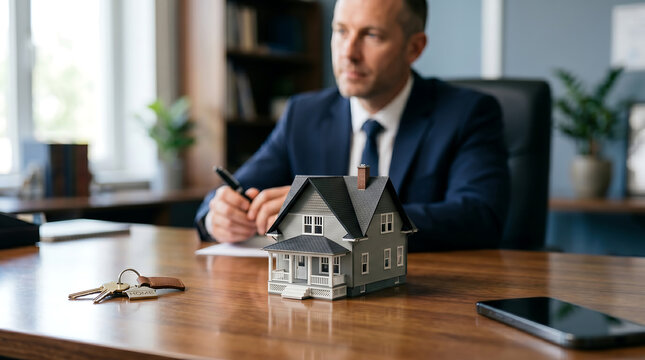Real estate agent with house model and keys on office desk, professional mortgage broker planning property investment, insurance agent at workplace