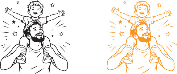 Fototapeta premium A black and orange illustration of a man carrying a happy child on his shoulders with stars around them fathers day