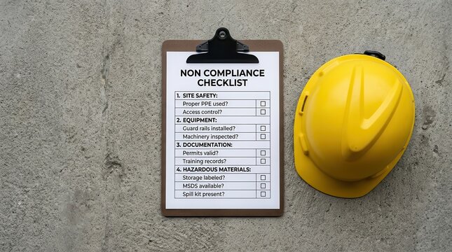 Non compliance checklist on a clipboard with a yellow safety helmet for workplace inspection and risk assessment.
