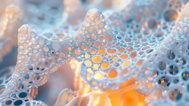A macro shot of a 3Dprinted object made from lightresponsive resin. The intricate design features small delicate structures that appear to glow from within as they react to