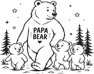Fototapeta premium Black and white illustration of papa bear with two little cubs walking together in forest fathers day