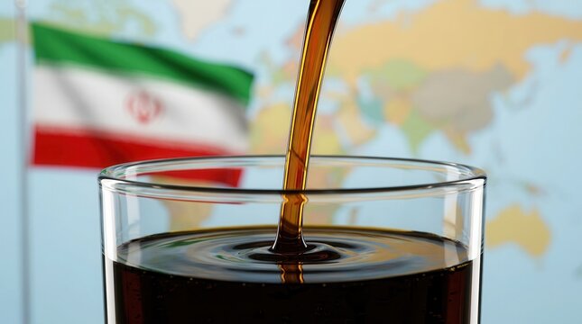 Crude petroleum pouring into a glass with an Iranian flag and world map in the background.