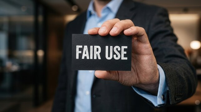 A businessman holds a black card with fair use written on it to represent intellectual property and copyright policy.