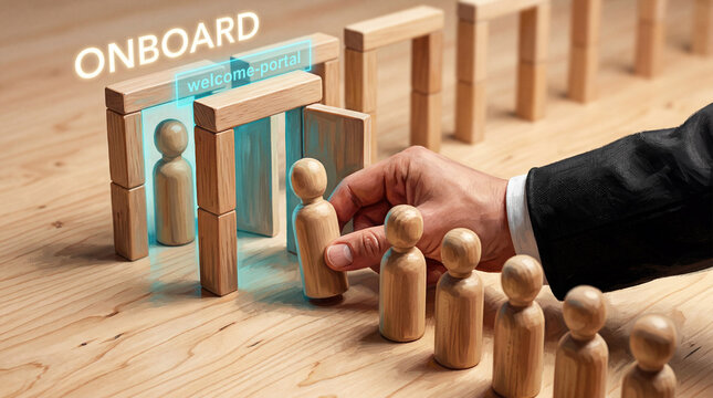 Onboarding concept with hand guiding wooden figures through welcome portal