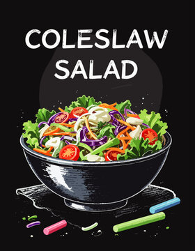  Taz&oacute;n de ensalada coleslaw con verduras frescas y repollo colorido sobre fondo negro decorativo. Concepto saludable para men&uacute; de restaurante o cafeter&iacute;a.
