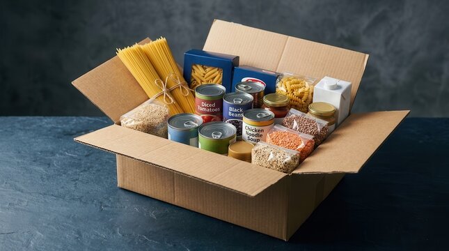 Cardboard box filled with non-perishable groceries including pasta, canned goods, and cereal.