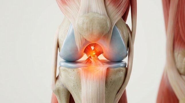 3D illustration of a human knee joint anatomy showing an anterior cruciate ligament ACL tear injury.