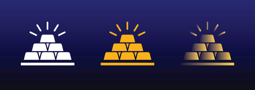 Gold bar icon set with white solid and gradient bullion stack symbols. Dark blue background for wealth investment finance banking precious metals trading savings and asset management design projects
