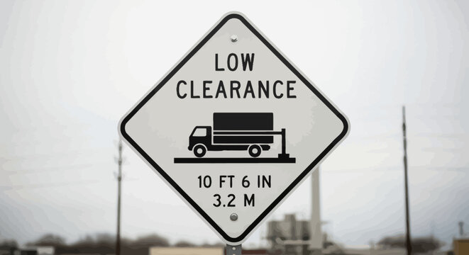 Low Clearance Warning Sign with Truck Icon, showing 10 FT 6 IN / 3.2 M height limit for vehicles on a highway or road