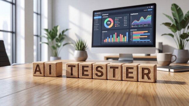 AI Tester wooden blocks on office desk, artificial intelligence software quality assurance, data analytics dashboard on computer monitor