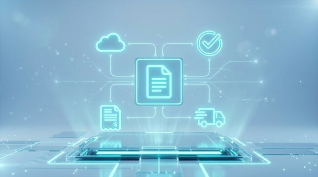 Digital e-procurement system interface with cloud invoice approval and supply chain management icons.
