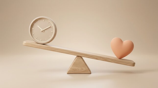Work life balance concept with a 3D clock and heart on a wooden seesaw scale.