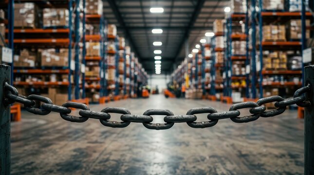 Heavy metal chain blocking access to a warehouse interior representing supply chain disruption.