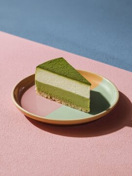 Slice of gourmet matcha green tea layered cheesecake dessert on a stylish pastel ceramic plate served over a minimal dual-color pink and blue geometric backdrop background studio food photography