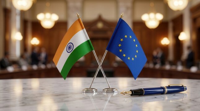 India and EU table flags representing an FTA deal.