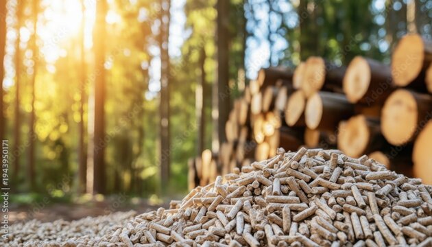 Large pile of natural wood pellets used for sustainable heating fuel kept in woods near stacked logs during bright sunny afternoon